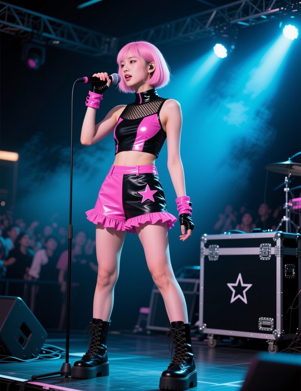 Young pink-haired female pop singer performs on a lit concert stage holding a handheld microphone.