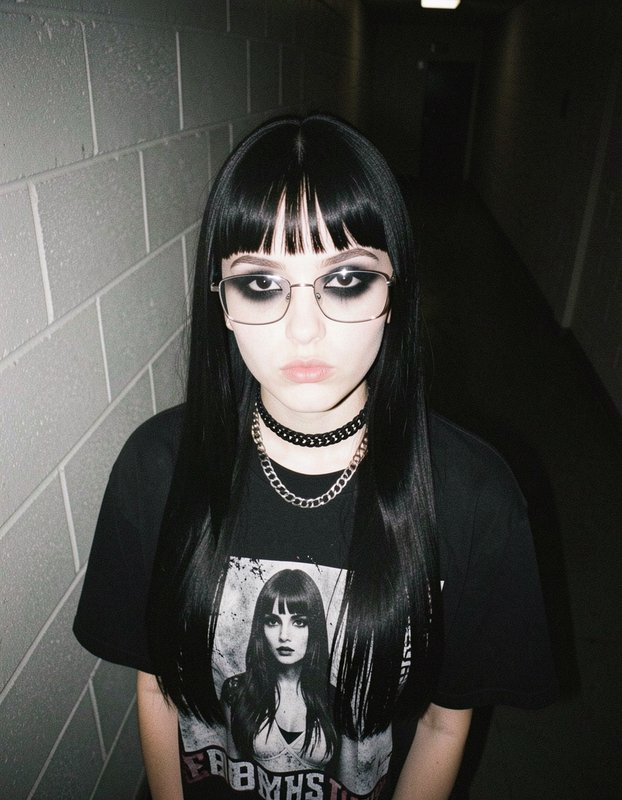 Goth young woman with smudged dark eye makeup, glasses, and long straight black hair stands in a ...