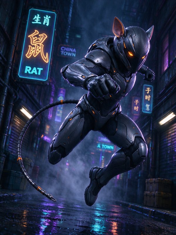 Cybernetic armored rat superhero leaps mid-air through a rain-soaked neon Chinatown alley at night