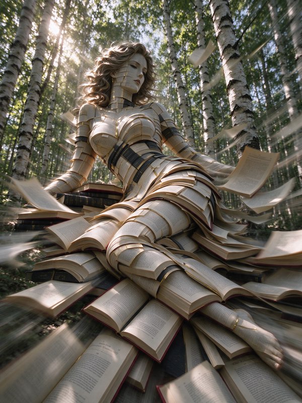 Surreal humanoid figure made of book pages reclines as loose pages float around her in a sunlit b...