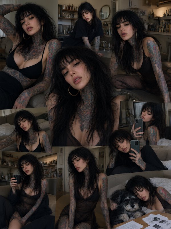 Collage of candid intimate home snapshots of a heavily tattooed dark-haired alternative woman