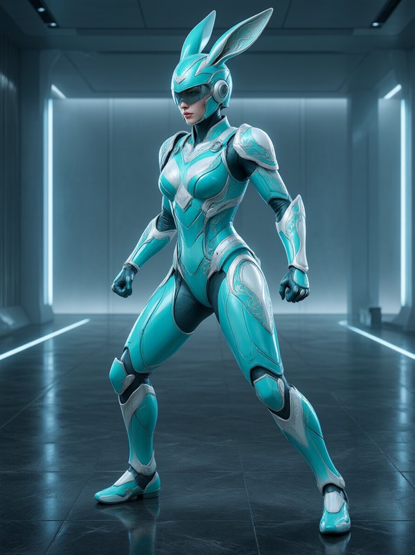 Futuristic female hero in turquoise bunny-ear power armor stands combat-ready in a sci-fi corridor