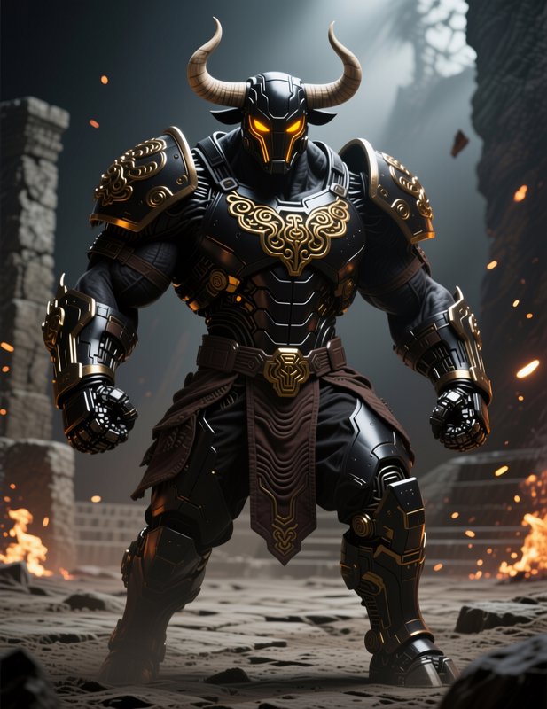 Cybernetic horned minotaur warrior in ornate black and gold armor stands in a smoldering ruined a...