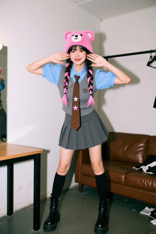 Cheerful young woman in a fuzzy pink bear hat poses playfully in a whimsical school-style outfit
