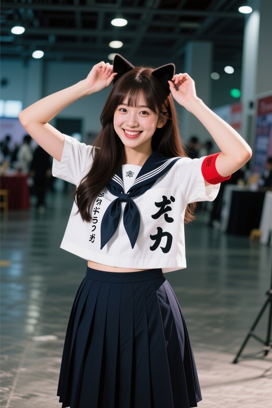 Smiling young cosplayer adjusts fuzzy black cat ears while wearing a cropped sailor uniform at an...