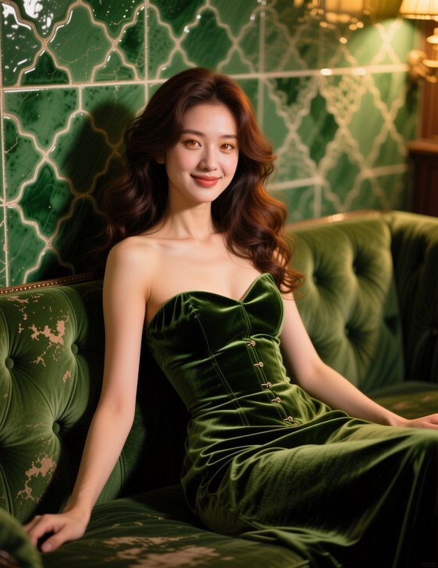 Elegant young woman in a strapless green velvet gown sits smiling on a vintage tufted sofa