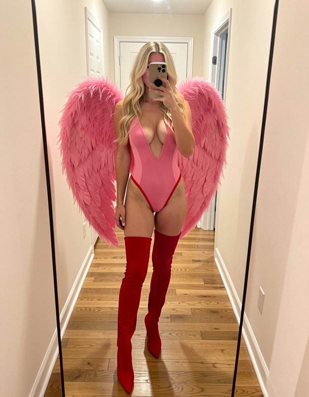 Blonde woman in pink feathered angel costume takes a mirror selfie in a home hallway