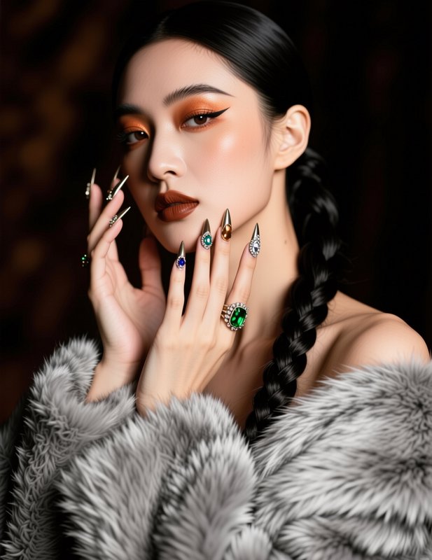 Glamorous East Asian model displaying jeweled stiletto nails while wearing a plush grey fur wrap