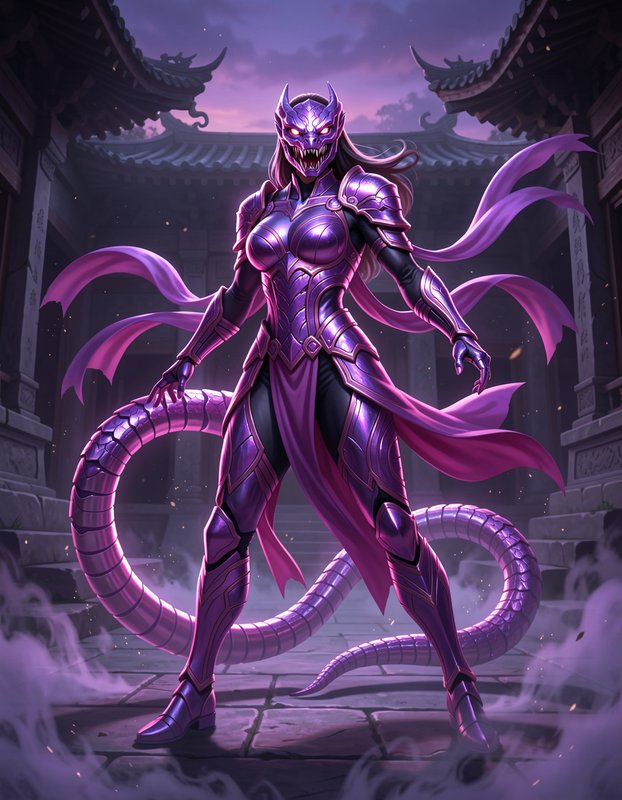 Menacing female warrior in purple dragon armor with serpent tail stands in a misty ancient temple...