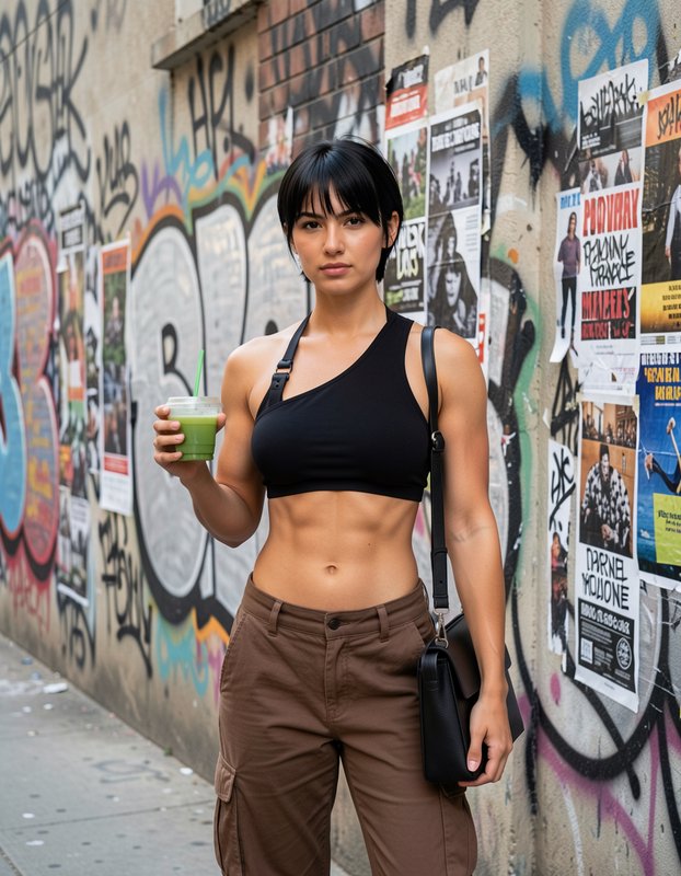 Toned athletic woman holding a green juice stands before a graffiti covered city alley wall