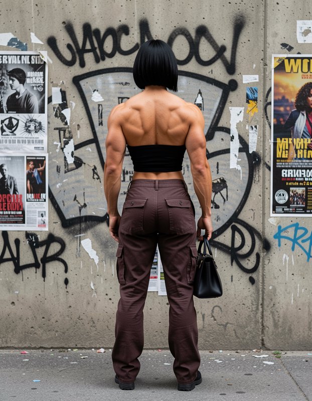 Muscular woman viewed from behind standing against a graffiti-covered urban concrete wall