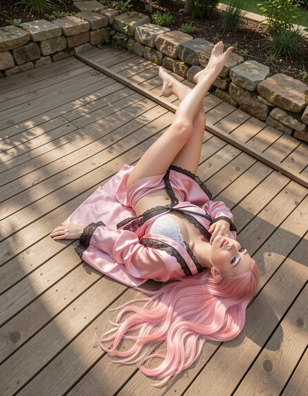 Woman with long pastel pink hair in satin loungewear reclines playfully on a sunlit wooden backya...