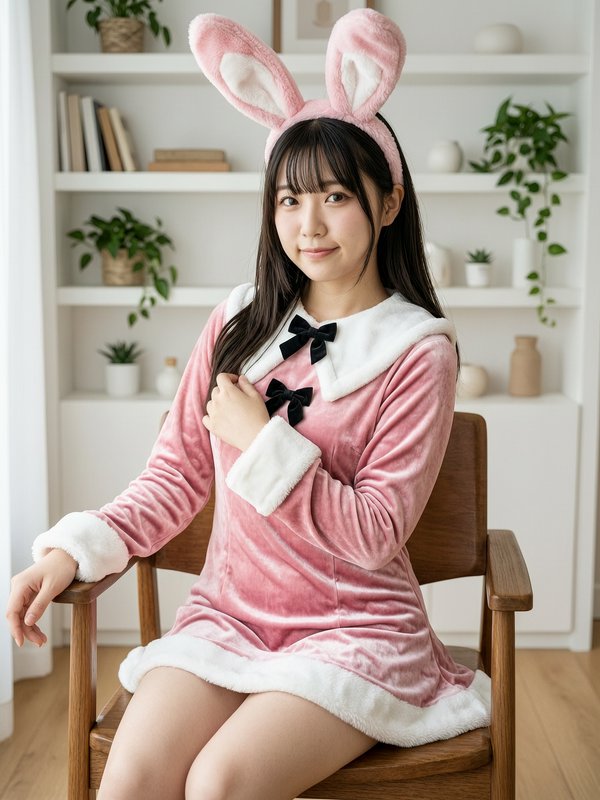 Young woman in a plush pink bunny costume sits smiling on a wooden chair in a bright home