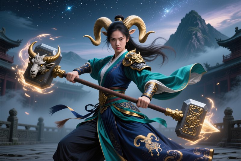 Horned female East Asian warrior wielding glowing dual war hammers on a misty temple terrace