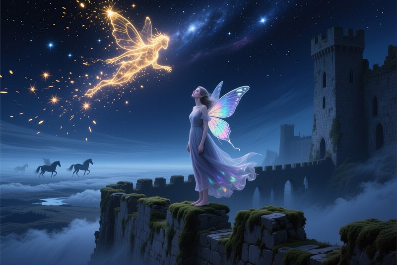 Winged fairy stands on mossy castle ruins gazing at a glowing golden spirit fairy under a starry ...