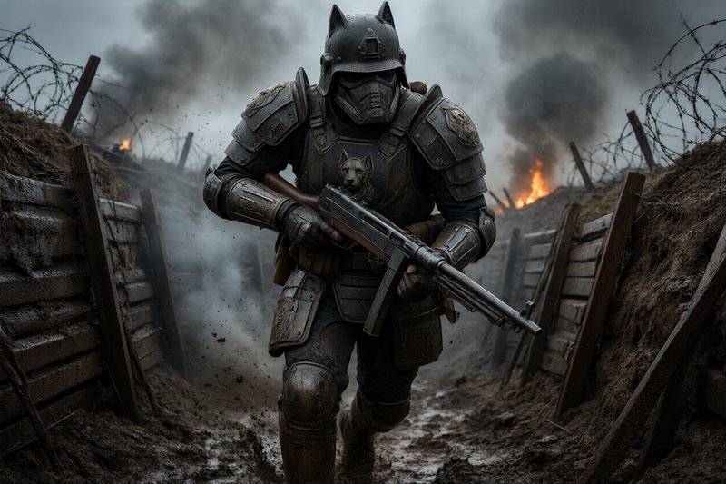 Armored wolf-themed dieselpunk soldier charges through a muddy wartime trench past smoky explosions