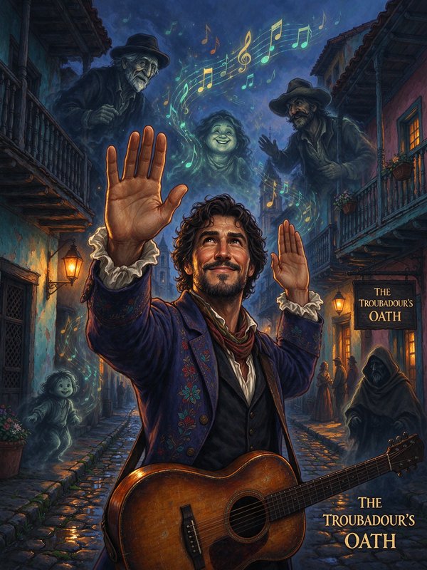 Smiling troubadour with an acoustic guitar raises his hands to greet friendly floating ghosts abo...