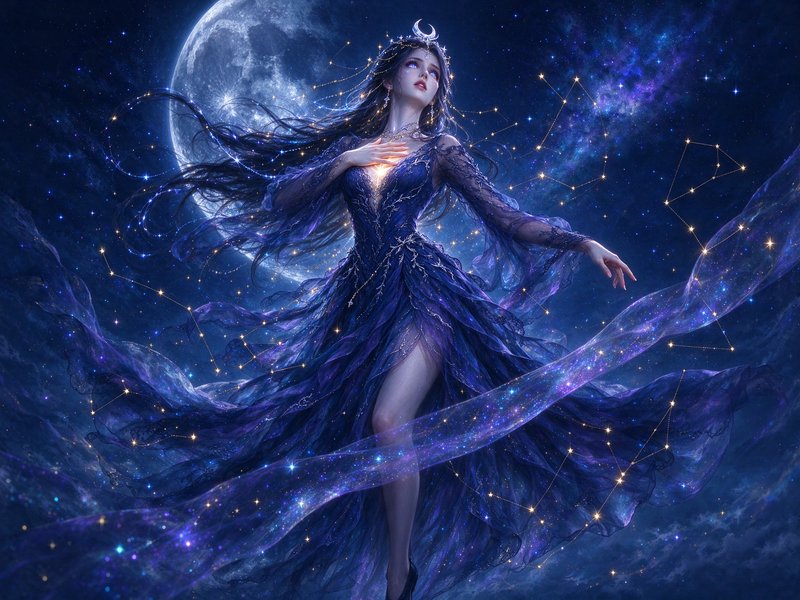 Ethereal lunar goddess floats against a starry night sky, full moon and glowing constellations be...