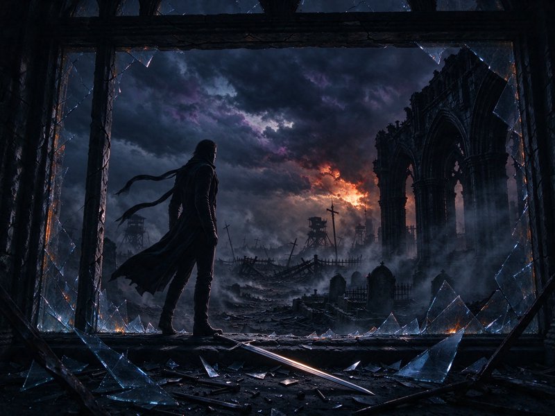 Silhouetted swordsman stands in a shattered window overlooking smoldering gothic battlefield ruins
