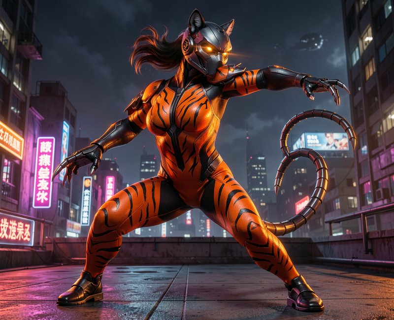 Cyborg tiger superhero in combat stance stands on a neon lit cyberpunk city rooftop