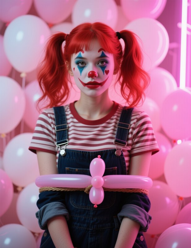 Young female clown with red pigtails stands with tied arms against a soft pink balloon backdrop