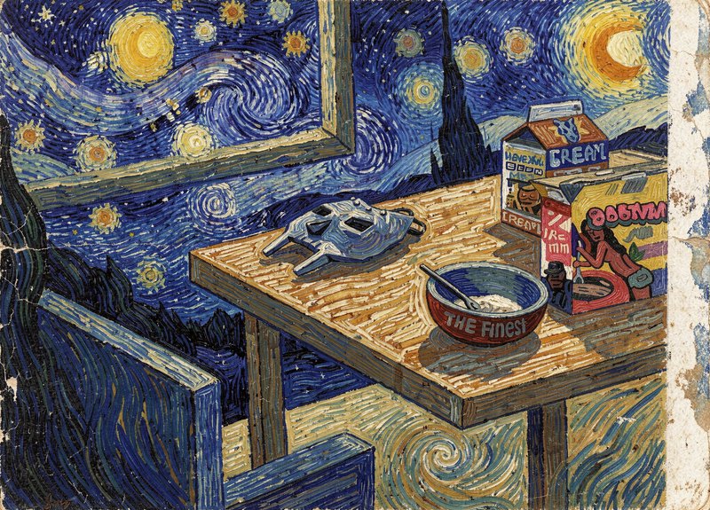 Surreal Van Gogh Starry Night style still life of a breakfast table with bong, cereal boxes and bowl