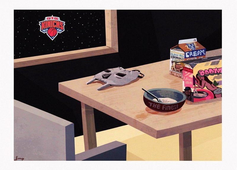 Stylized flat illustration of a late night snack table with a game controller, cereal, and parody...