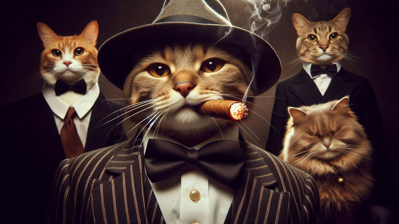 [Surreal portrait of a cat mafia gang, central tabby boss in a fedora holds a lit cigar alongside formally suited crew mem...