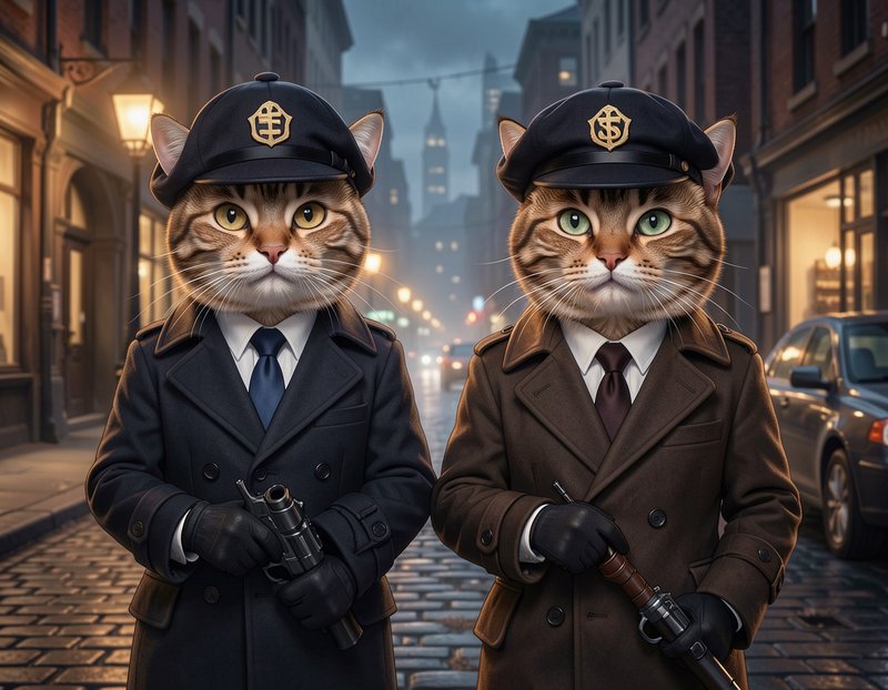 Two tabby cat police detectives in uniform stand holding weapons on a misty cobblestone city street.