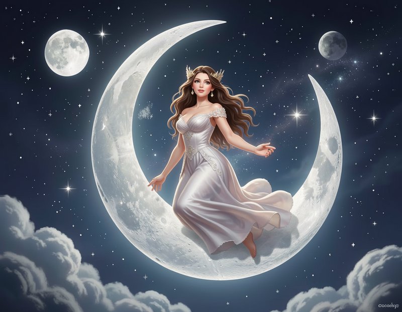 Ethereal lunar goddess in a flowing silk gown seated on a glowing crescent moon against a starry ...