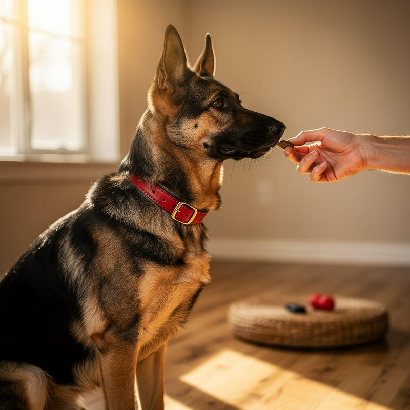 Sitting German Shepherd with a red collar accepts a training treat from a hand in a sunlit home i...