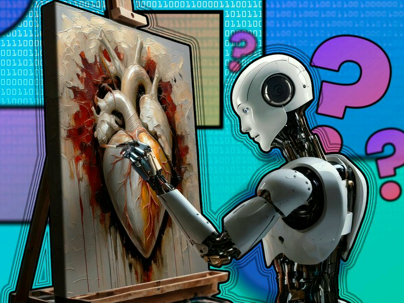 Humanoid AI robot paints an impasto anatomical heart artwork on an easel, set against a binary co...