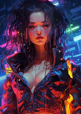 Cyberpunk portrait of a young woman with cyber hair accessories, glowing neon futuristic city bac...