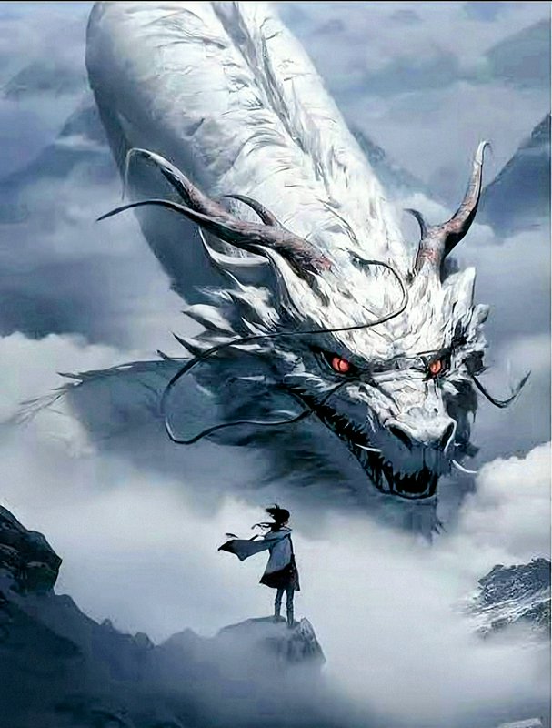 Lone robed figure on misty mountain peak faces a giant white horned eastern dragon rising from sw...
