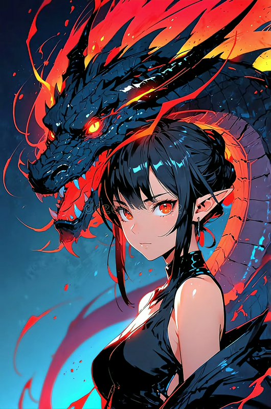 Anime elf girl with glowing red eyes stands with a fiery obsidian fire dragon behind her, vibrant...