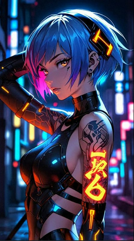 Cyberpunk anime woman with short blue hair and glowing neon tattoos stands in a neon lit night ci...