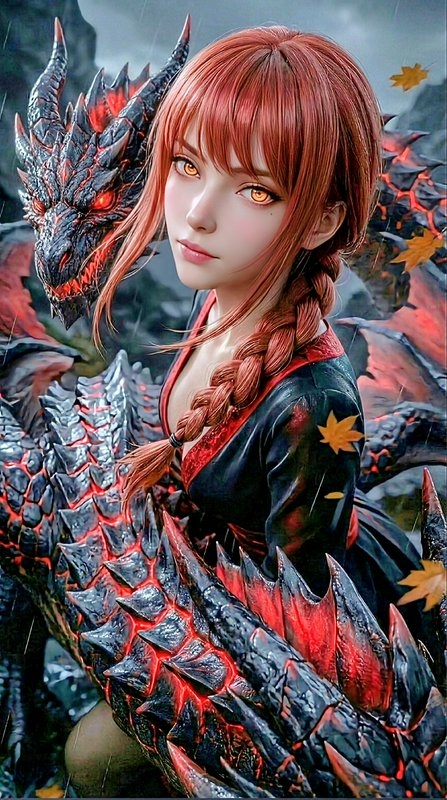 Red braided anime-style woman with glowing golden eyes stands beside a fiery obsidian dragon in a...