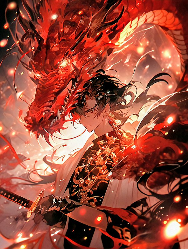 Anime fantasy swordsman with a katana stands beside a glowing fiery red eastern dragon, surrounde...