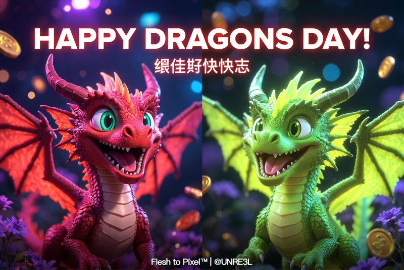Happy Dragons Day festive graphic with cheerful cartoon red and green baby dragons, falling gold ...