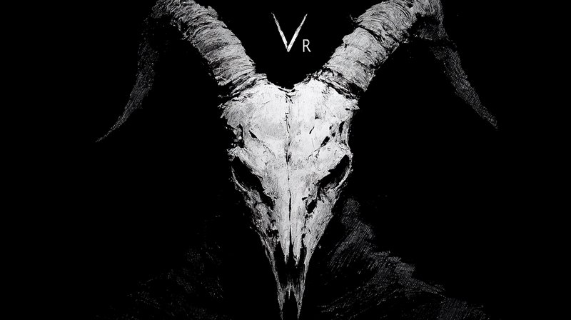High contrast black and white illustration of a horned goat skull with small VR lettering above i...