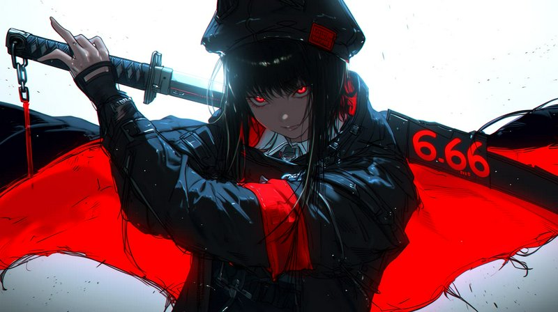 Anime tactical warrior girl with glowing red eyes holds a katana, wearing dark military uniform a...