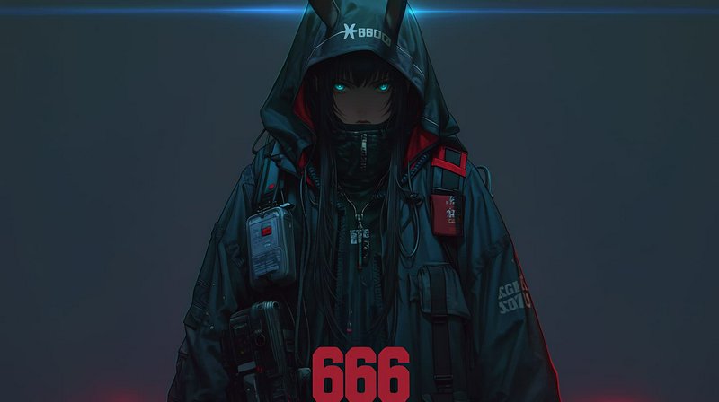 Hooded cyberpunk anime character with bunny ear hood, glowing cyan eyes, tactical tech gear, dark...