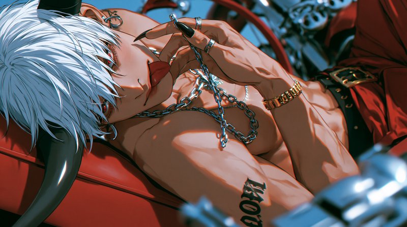 Muscular horned anime demon boy with short white hair reclining on a red motorcycle holding silve...