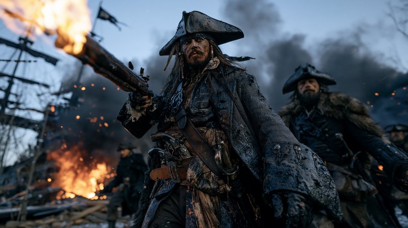 Weathered pirate captain fires a flaming flintlock musket during a chaotic burning ship battle at...