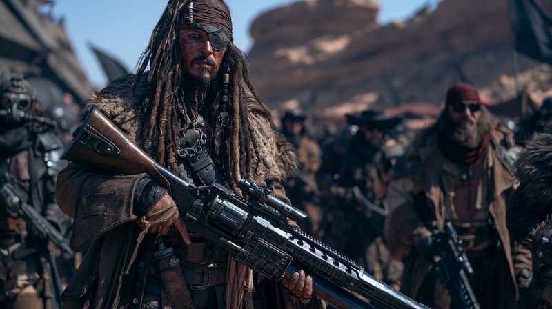 Dreadlocked post-apocalyptic pirate leader with eyepatch holds a scoped heavy rifle, standing wit...