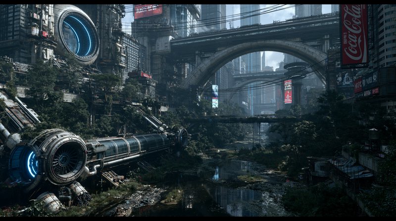Overgrown dystopian cyberpunk cityscape with elevated arch bridges, derelict futuristic transit, ...