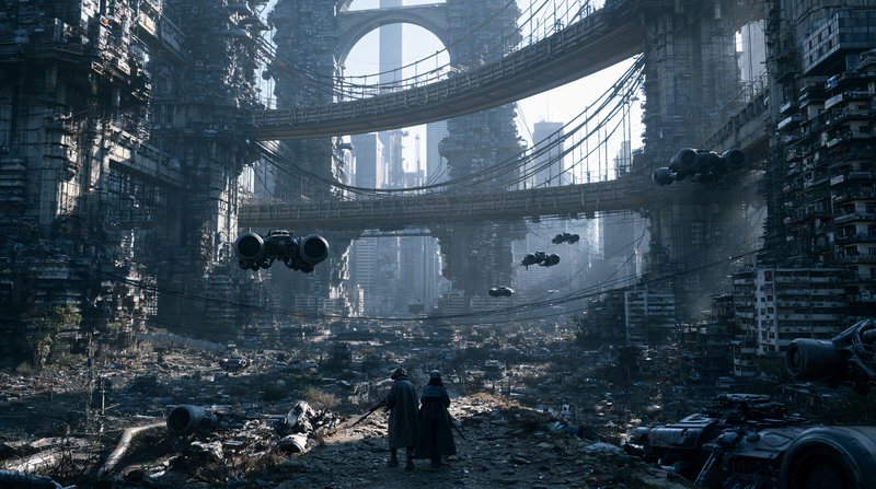 Two robed survivors overlook a derelict cyberpunk megacity with flying vehicles spanning elevated...