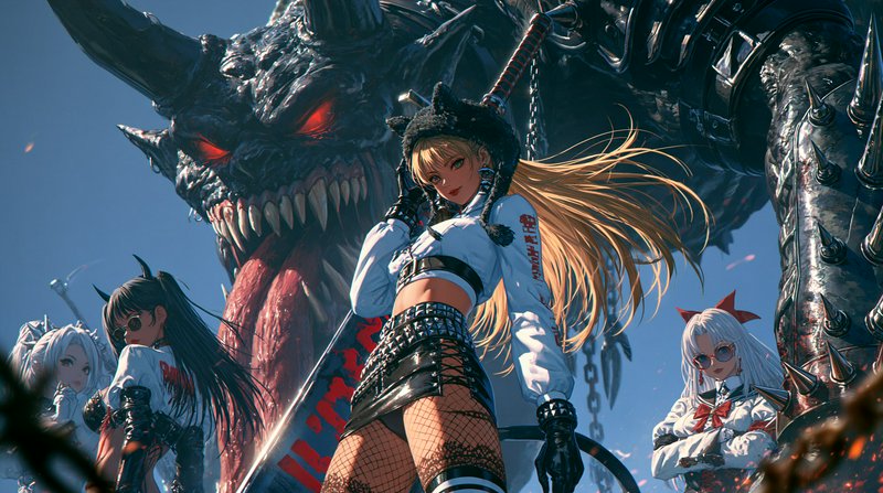 Confident anime female warrior poses before a massive horned red-eyed demon, flanked by other fig...