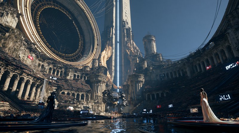Futuristic sci-fi coliseum with giant portal tower, battle mech, and two opposing robed figures a...