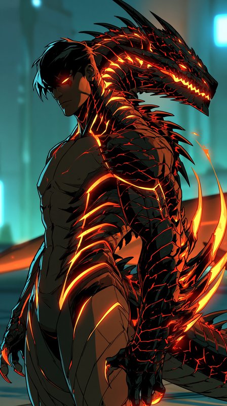 Muscular anime human-dragon hybrid warrior with glowing molten orange markings, spiked dragon app...